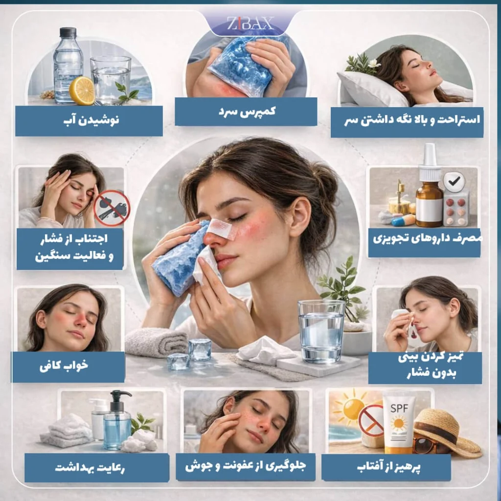 اینفوگرافی مراقبت های بعد از تزریق کورتو نبه بینی؛ استراحت، بالا نگه داشتن سر، اجتناب از فعالیت های سنگین، نوشیدن آب کافی